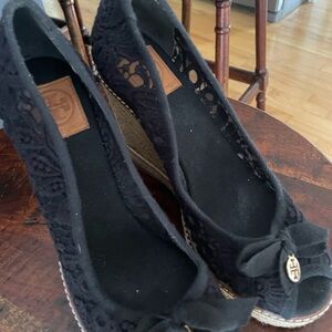 Tory Burch Black Lace Peep-Toe Espadrille Wedge with Bow